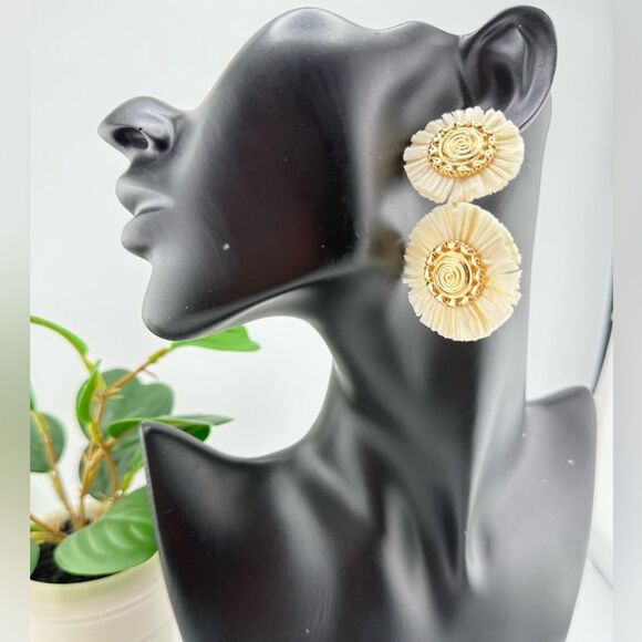 Ivory & Gold Double Disc Earrings — Elegant Boho Statement - Picture 5 of 10